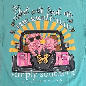 Simply Southern Teal Tee with Pink Pigs and Yellow Accents